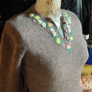 Vintage Susan Bristol Wool Sweater with Embroidered Flowers